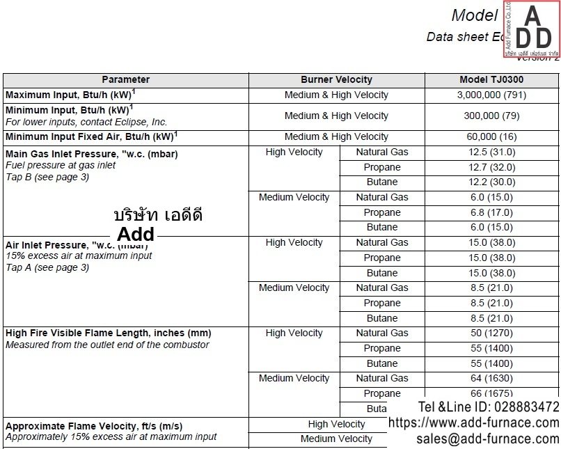 Eclipse Therm Jet Burners Model TJ0300 Data Sheets