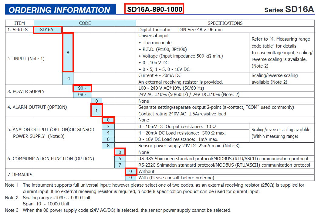 Shimaden SD16A Specifications