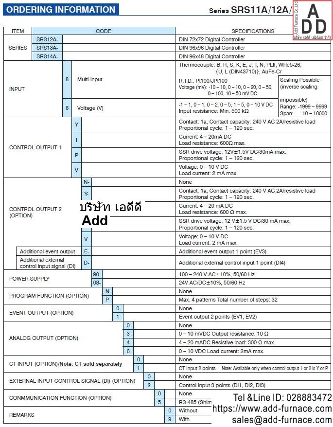 Shimaden Ordering Information Series SRS13A,SRS13A,SRSA14A